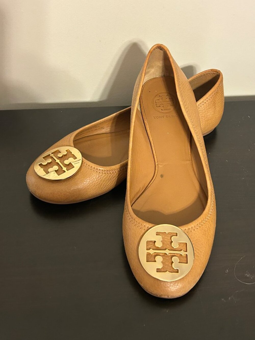 Tory Burch Cognac Leather Logo Ballet Flats with Gold Medallions